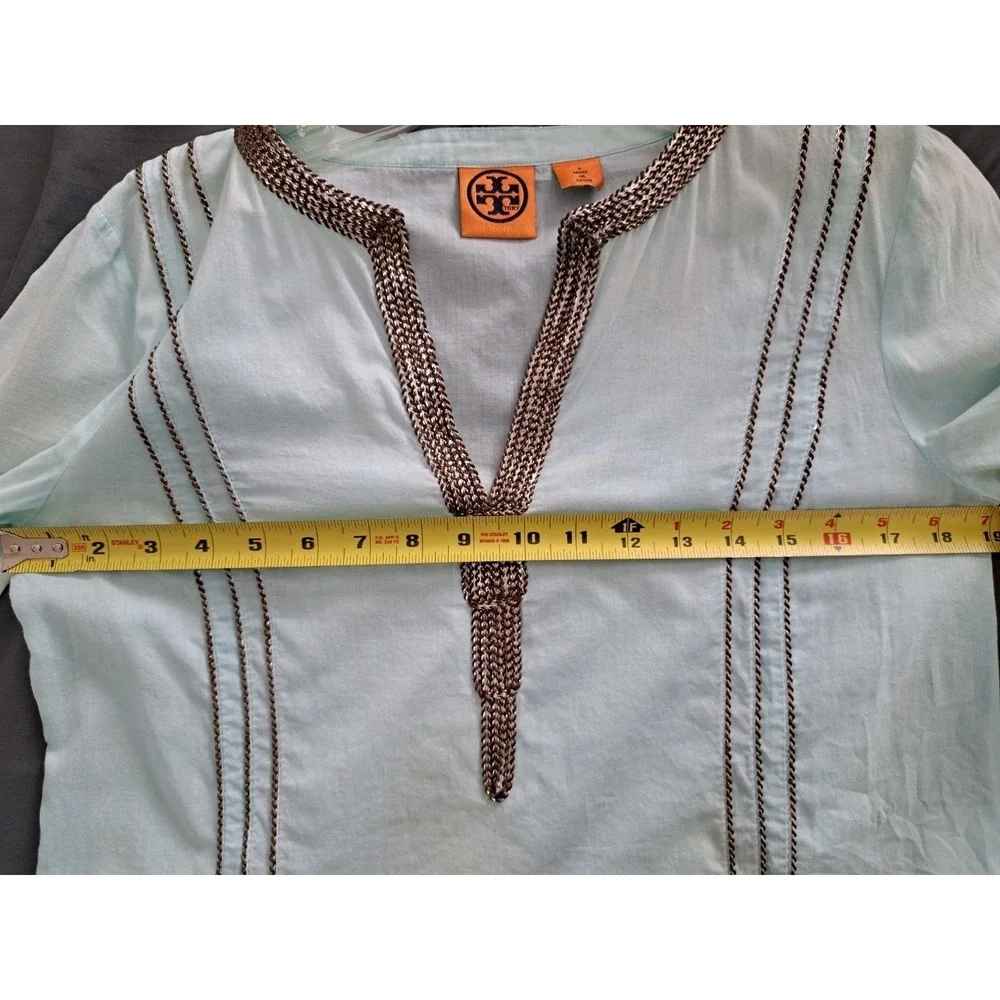 Tory Burch Sky Blue Tunic/Shirt w Brown SilverEmbellishments Size 4. 100% Cotton